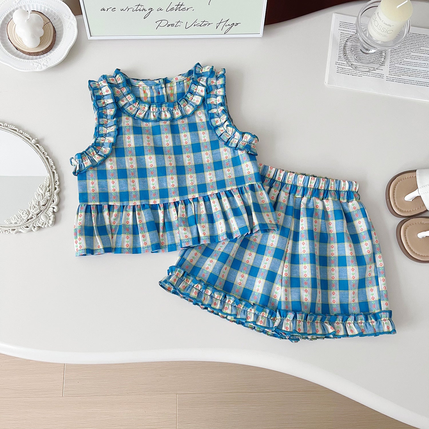 New Summer Korean-Style Polyester Plaid Three-Piece Set For Girls