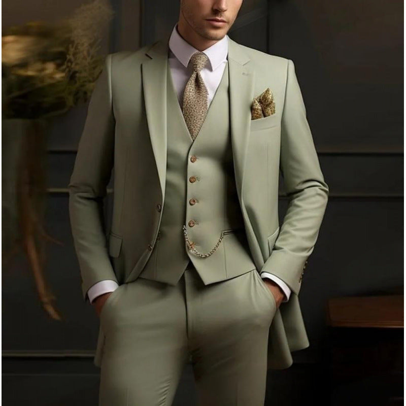 Men's three-piece solid-color stylish suit by Dropshipman, featuring a tailored jacket, vest, and matching trousers for a sophisticated look.