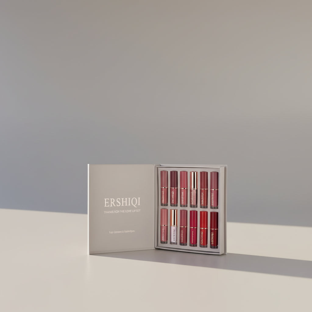 12-color lip glaze set by Dropshipman featuring moisturizing, long-lasting shades in small, sleek containers.