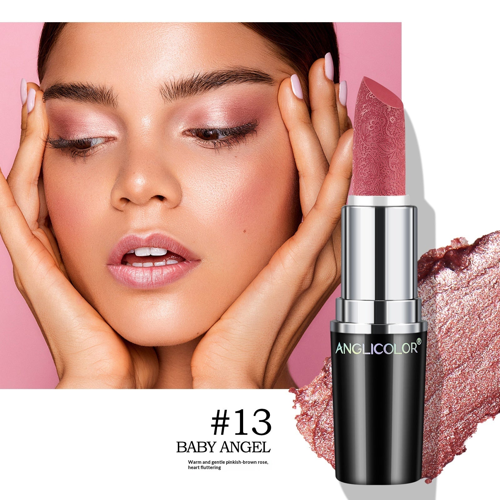 Pearly finish lipstick by Dropshipman showcasing smooth, shiny, waterproof, non-fading, and non-stick lip color application.