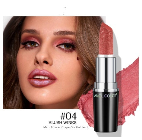 Pearly finish lipstick by Dropshipman showing a sleek tube with the non-fading, waterproof, non-stick lipstick open and ready to apply.