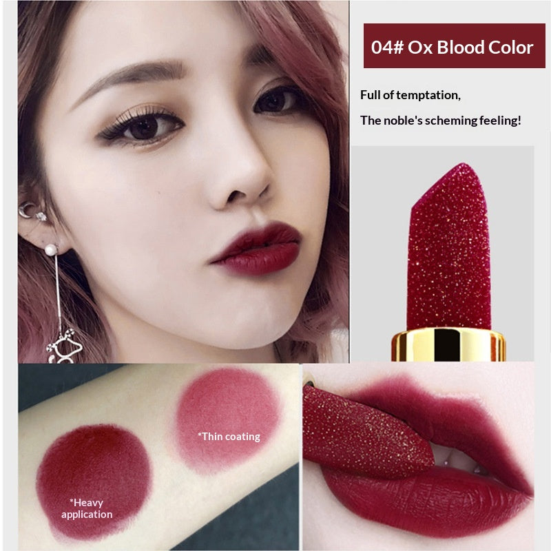 Golden diamond shimmer lipstick by Dropshipman with a velvet matte finish, showing the sleek bullet and shimmering gold accents.
