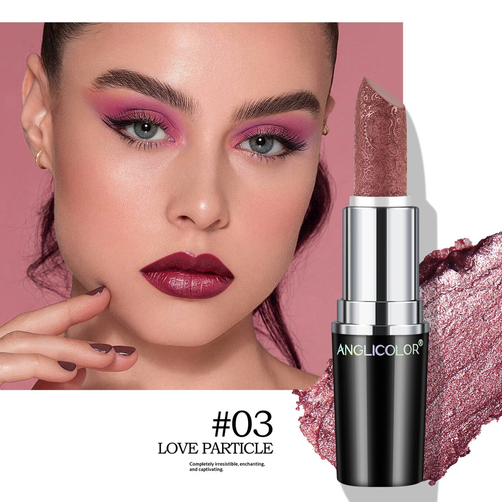 Dropshipman pearly finish lipstick with non-fading, non-stick, waterproof formula, showing a sleek lipstick tube and swatch on skin.