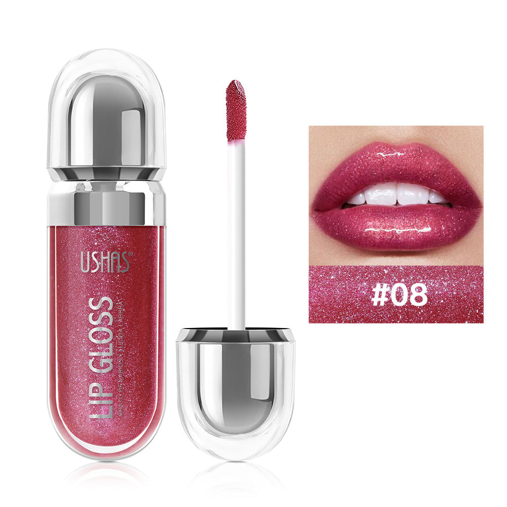 Pearlescent liquid lipstick by Dropshipman showing a shiny, iridescent lip color with a smooth applicator brush.