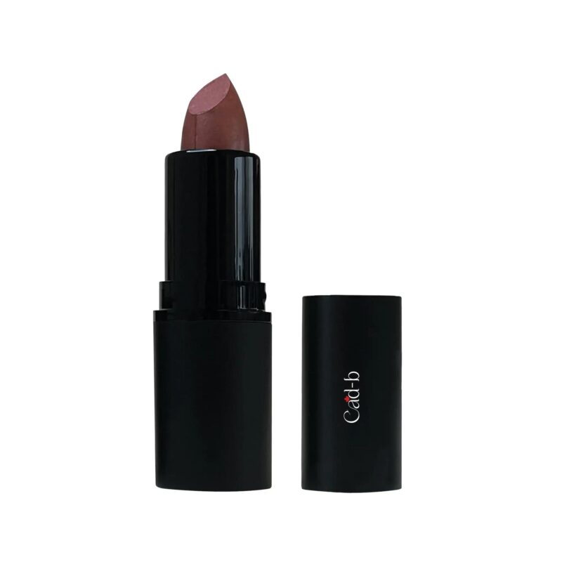Cad B Spicy Rum hydrating beeswax lipstick with jojoba and castor oils, cruelty-free, paraben-free lip color in sleek black packaging.