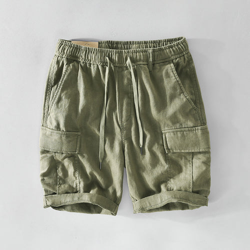 Light beige casual linen shorts with pocket and drawstring, stylish and comfortable for everyday wear, by Dropshipman.