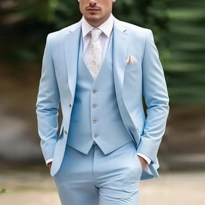 Men's three-piece solid-color suit by Dropshipman, stylish with a sophisticated vibe, featuring a blazer, vest, and trousers.