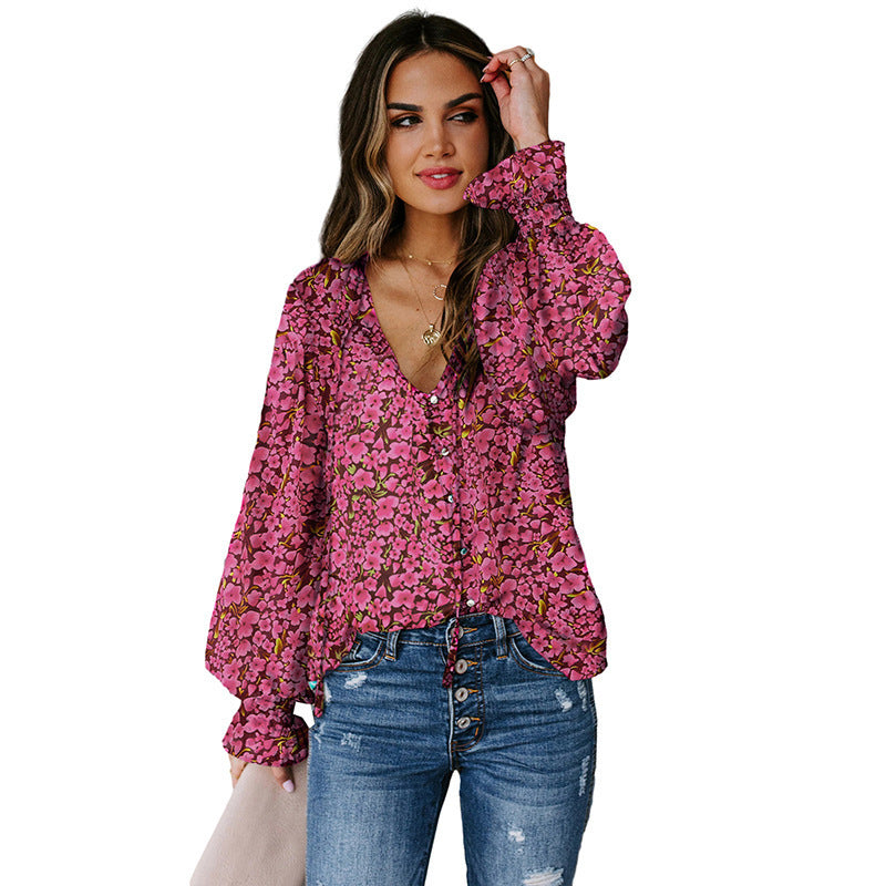Women's floral chiffon blouse with long sleeves, lightweight spring shirt by Dropshipman, featuring a delicate spring floral pattern.