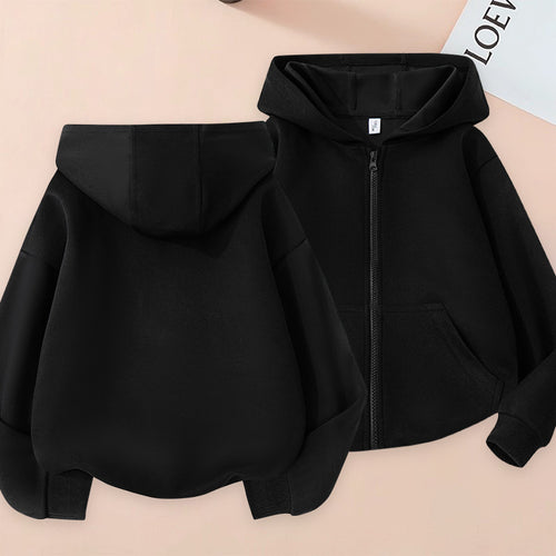 Children girl's casual solid color zipper hoodie with front pocket, versatile and comfortable, by Dropshipman.