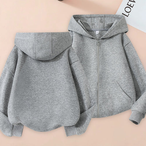 Children girl's casual solid color zipper hoodie with front pockets, by Dropshipman, featuring a comfortable and versatile design.