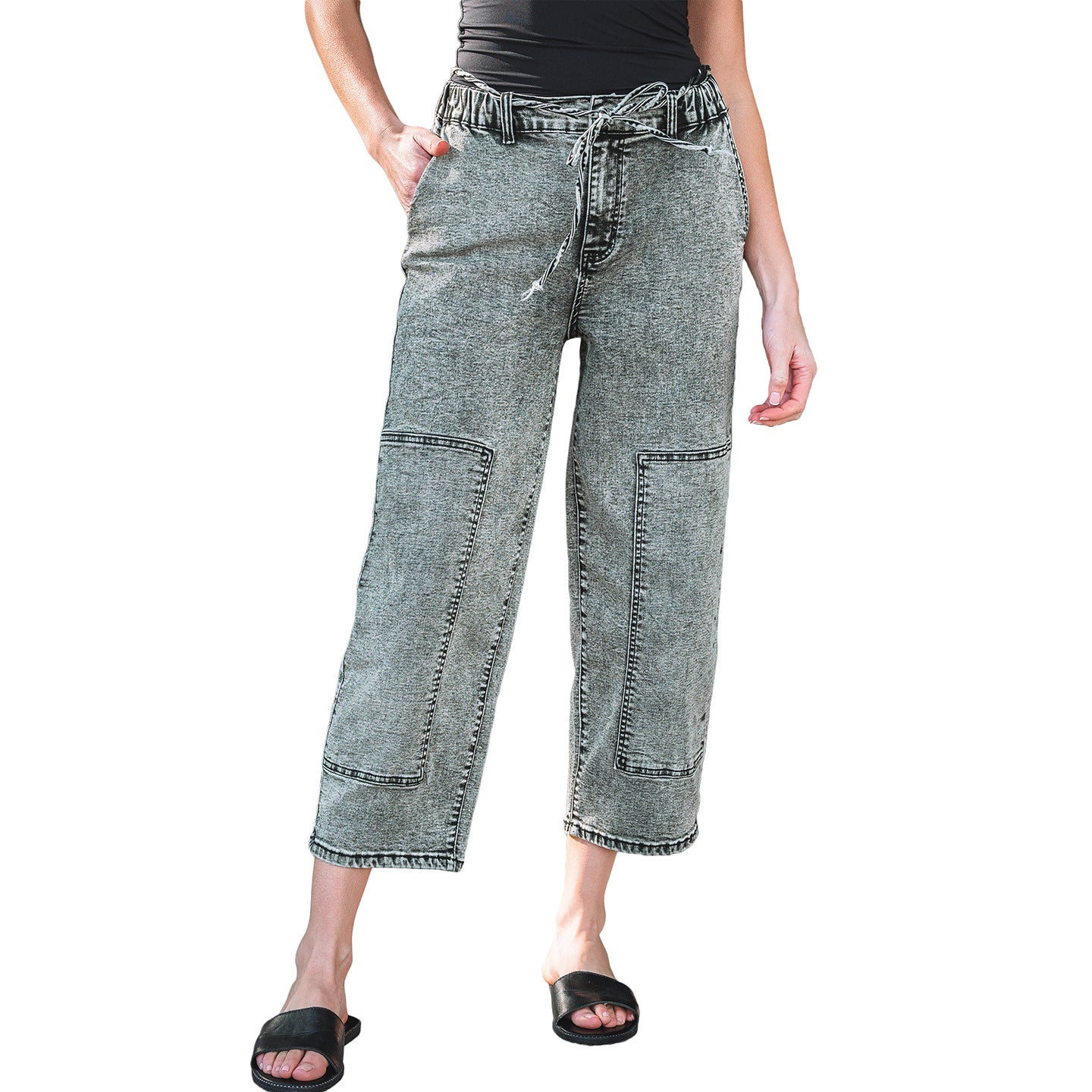Women's Washable Straight-leg Pants With Multiple Pockets And A Drawstring