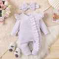 Girls' ruffled striped long-sleeved one-piece trousers suit by Dropshipman, featuring a stylish design with ruffles and stripes.