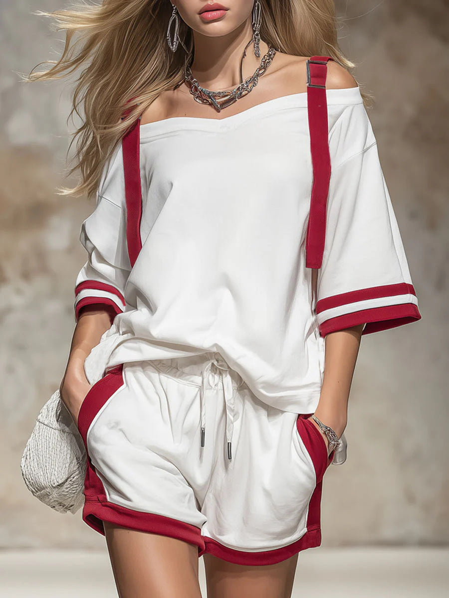 Summer contrast-colored women's patchwork casual shorts set with a relaxed fit and stylish design from Dropshipman.