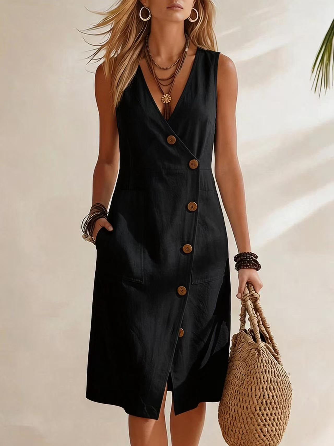 DropShipMan resort-style V-neck sleeveless midi dress with asymmetrical button details, perfect for summer or casual occasions.