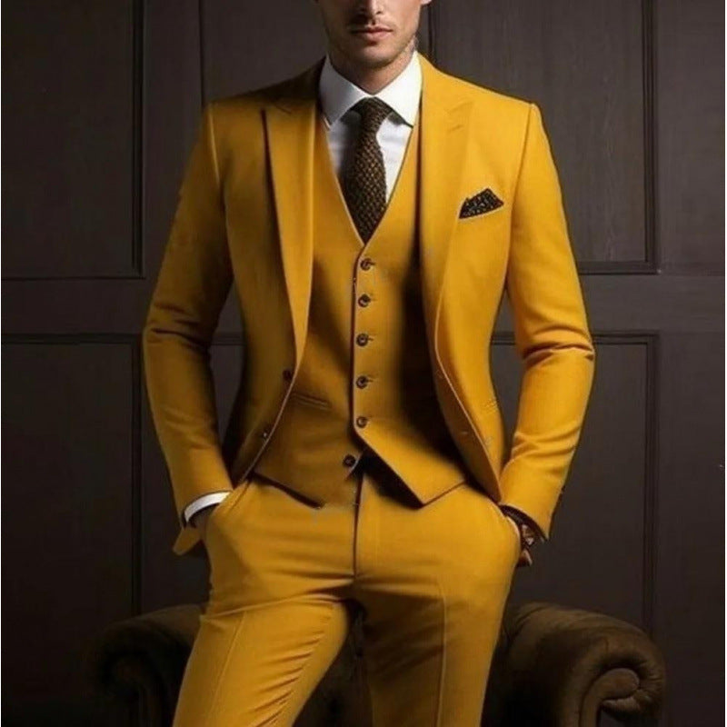 Men's three-piece solid-color suit by Dropshipman, stylish with a sophisticated vibe, featuring jacket, vest, and trousers.