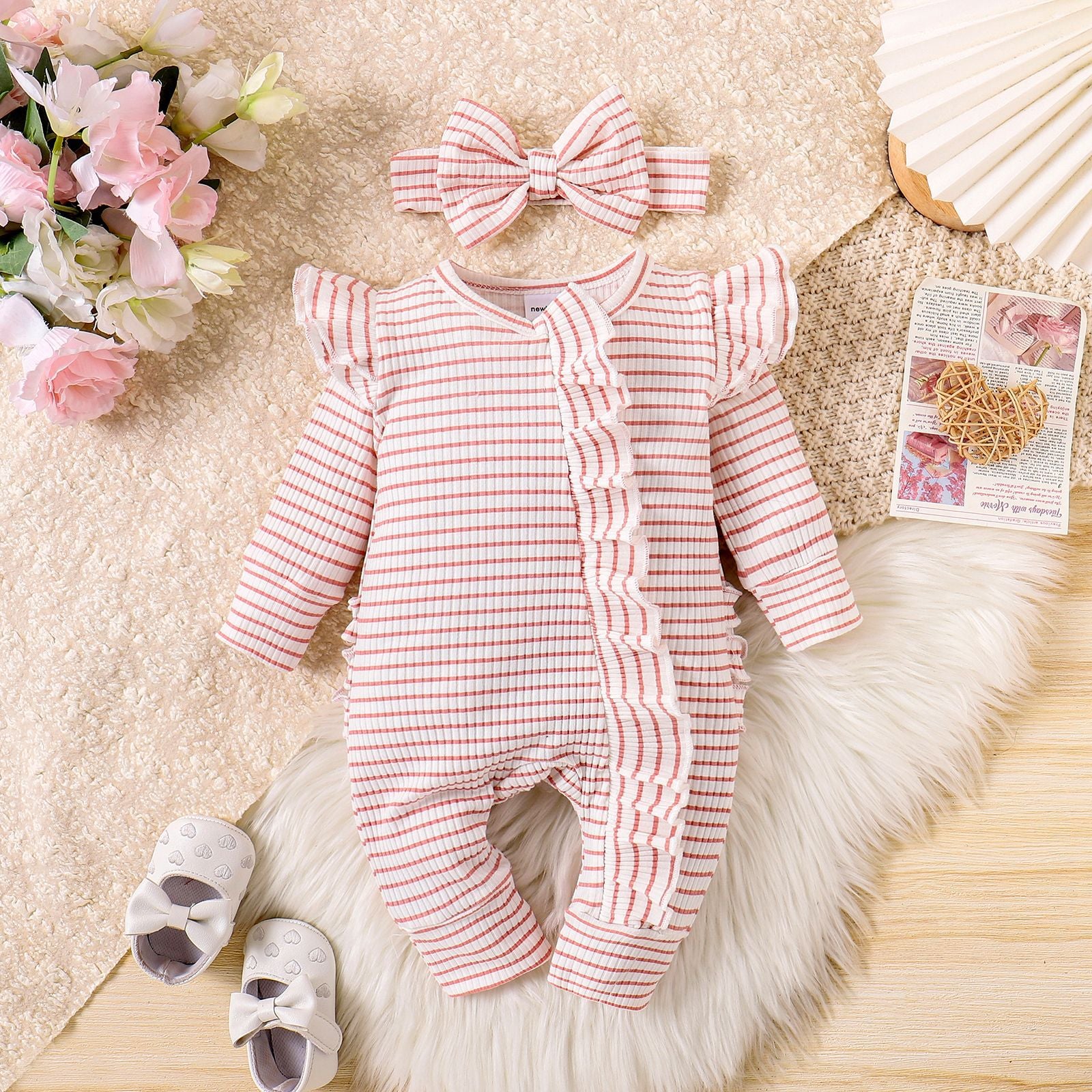Girls' striped ruffled long-sleeved one-piece trousers suit by Dropshipman, featuring a stylish design with ruffles and comfortable fit.