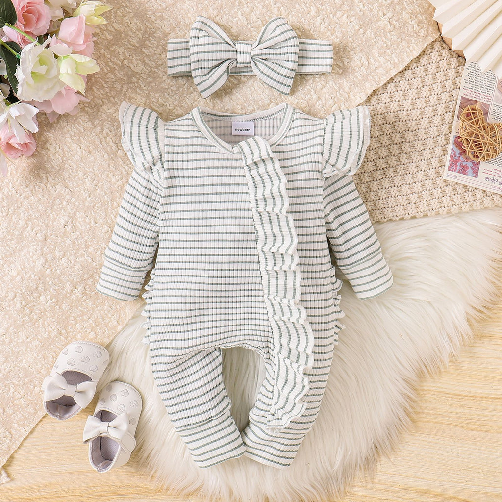 Girls' ruffled striped long-sleeved one-piece suit by Dropshipman with trousers, featuring a stylish and comfortable design.