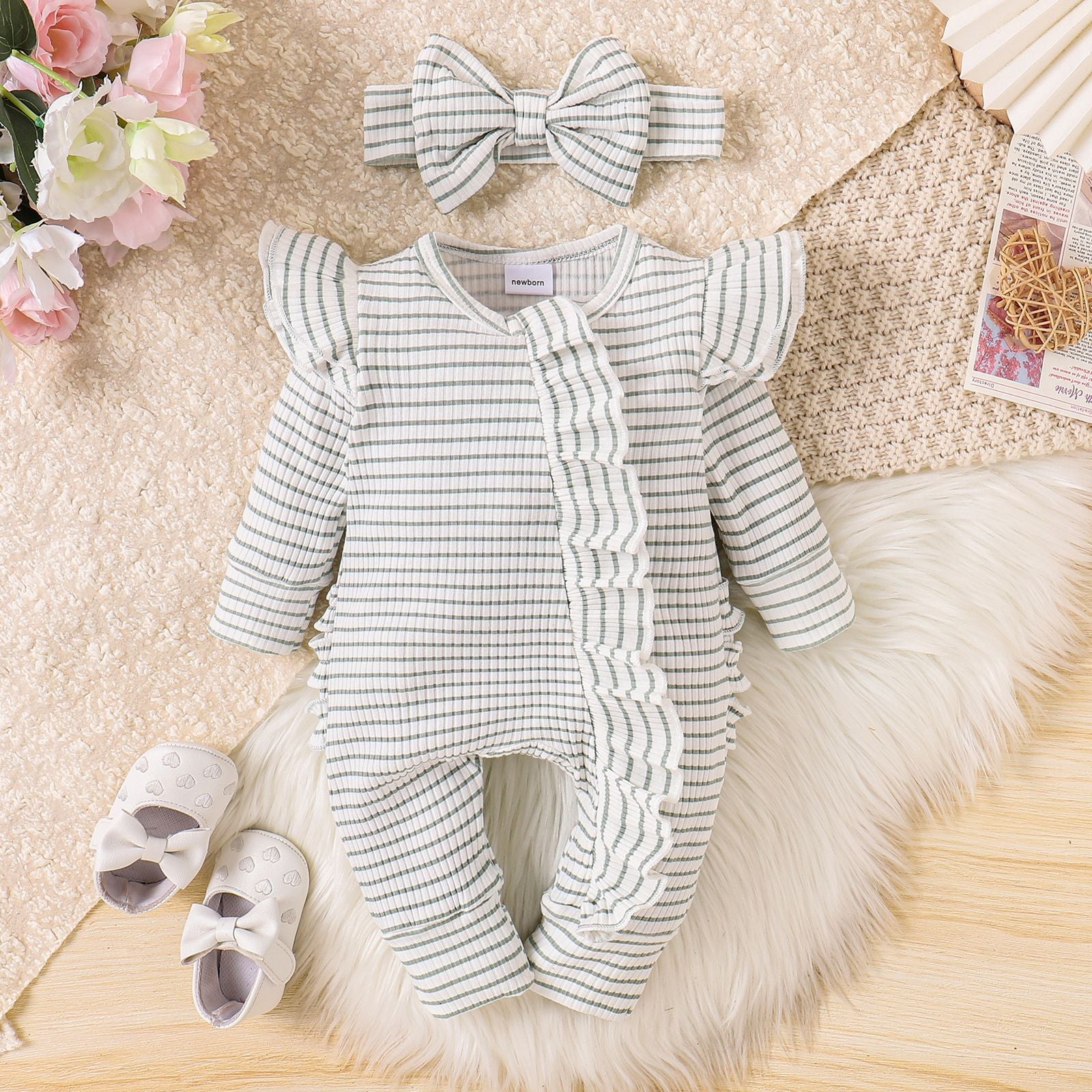 Girls' ruffled striped long-sleeved one-piece suit by Dropshipman with trousers, featuring a stylish and comfortable design.