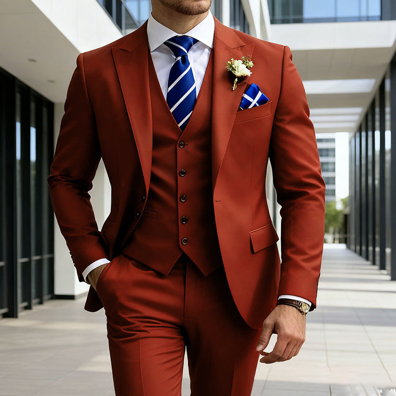 Men's stylish three-piece solid-color suit by Dropshipman, featuring a tailored jacket, vest, and trousers for a sophisticated look.