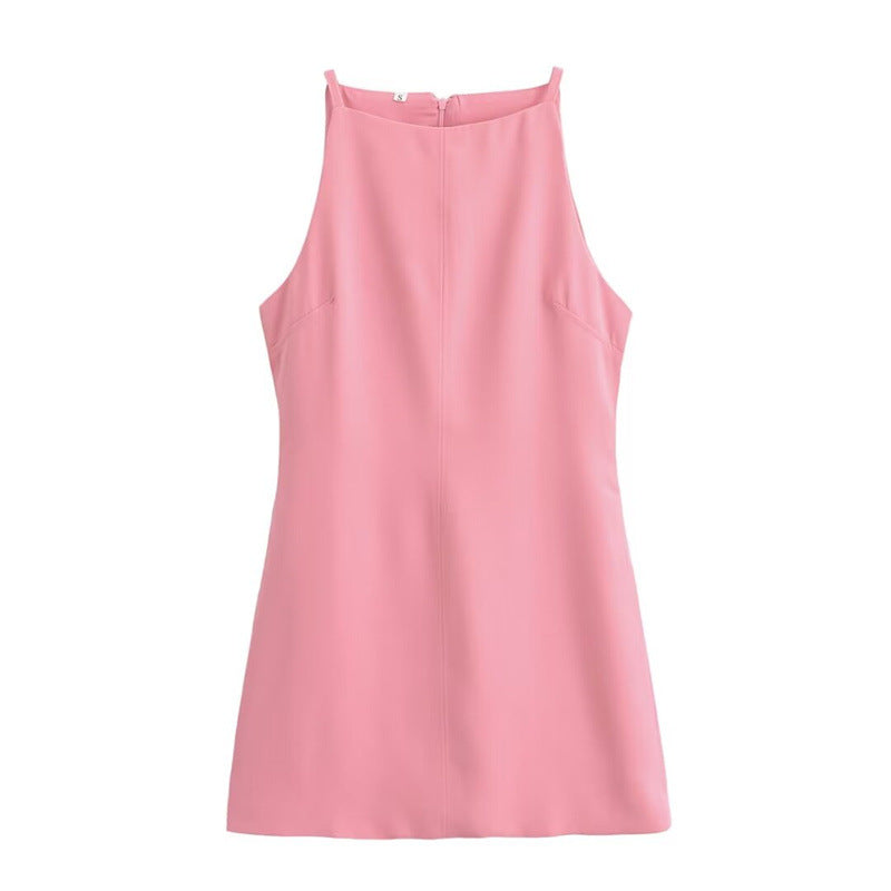 Women's French-style chic sleeveless mini dress with straight neckline and slim-fit design, featuring a classic and elegant look.