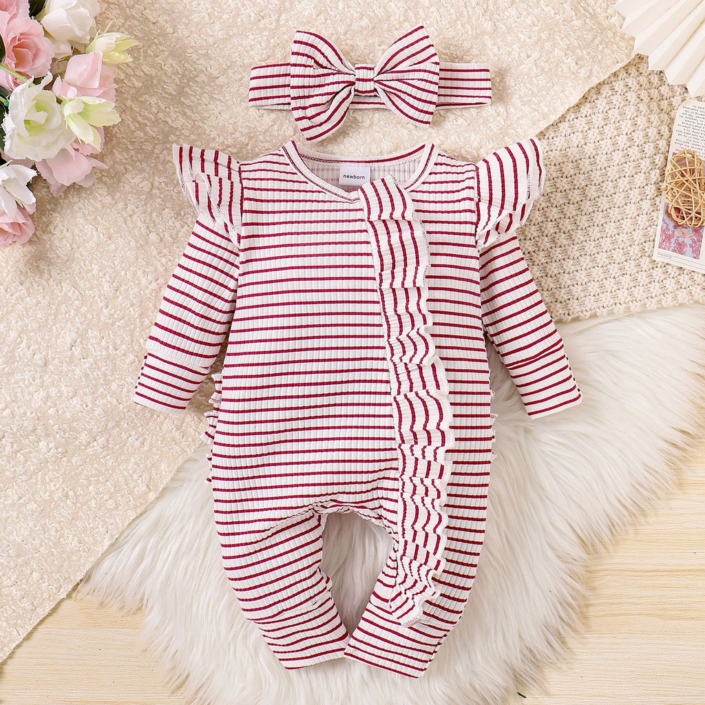 Girls' striped ruffled long-sleeved one-piece suit by Dropshipman, featuring stylish trousers and a playful design.