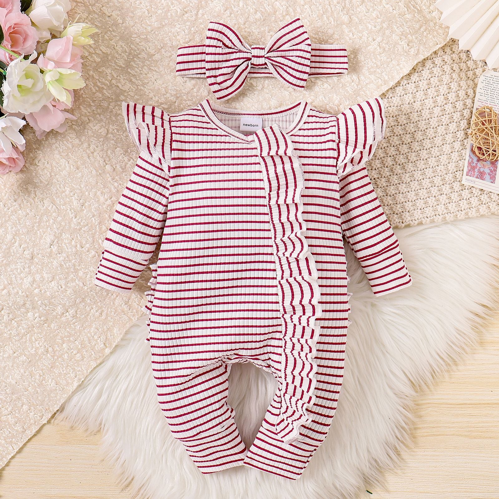 Girls' striped ruffled long-sleeved one-piece suit by Dropshipman, featuring stylish trousers and a playful design.
