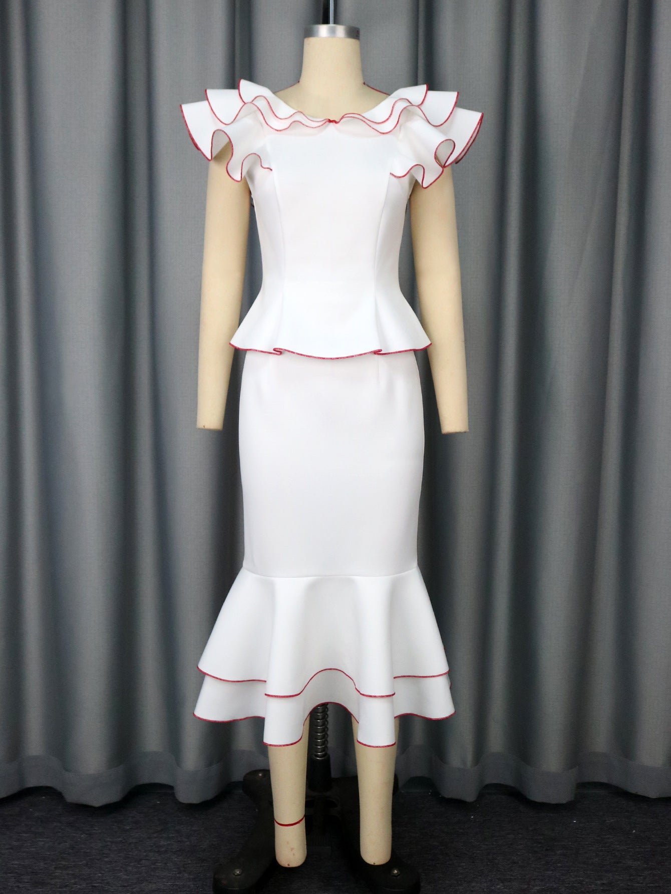 new-arrival Women's Ruffled Contrast Color Top Temperament Slim Fishtail Skirt Suit