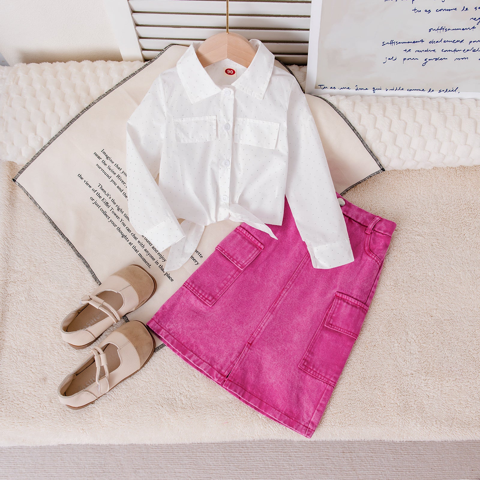 new- arival Children Knot Temperament Top Denim Skirt Set