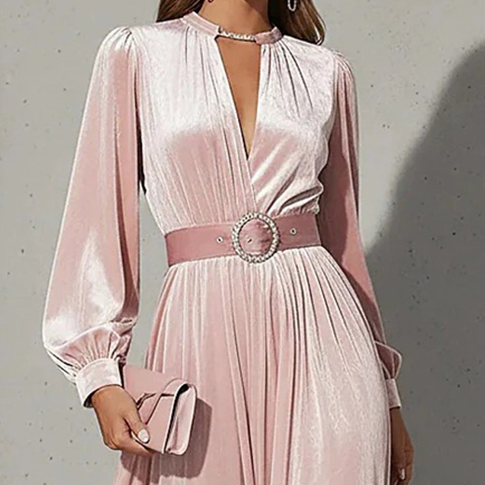 Women's Spring Slimming Waist-cinched Long Dress In Solid Color With A V-neck And Gold Velvet Fabric