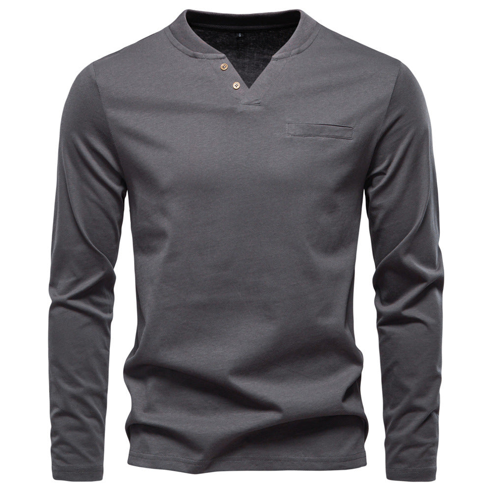 Mens V-neck slim fit base layer shirt from Dropshipman, close-up of the black V-neck shirt on a male model.