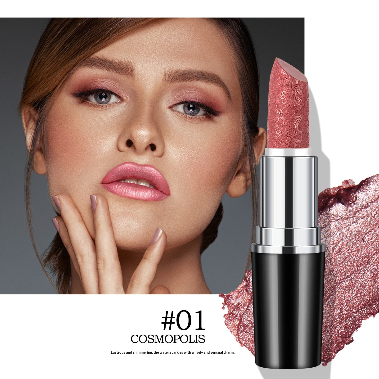 Dropshipman pearly finish lipstick with non-fading, waterproof, and non-stick formula, shown with sleek lipstick tube.