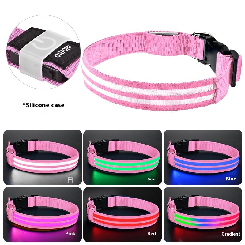Shiny dog collar with double fiber design and reflective night glow, made by Dropshipman, shown in close-up.