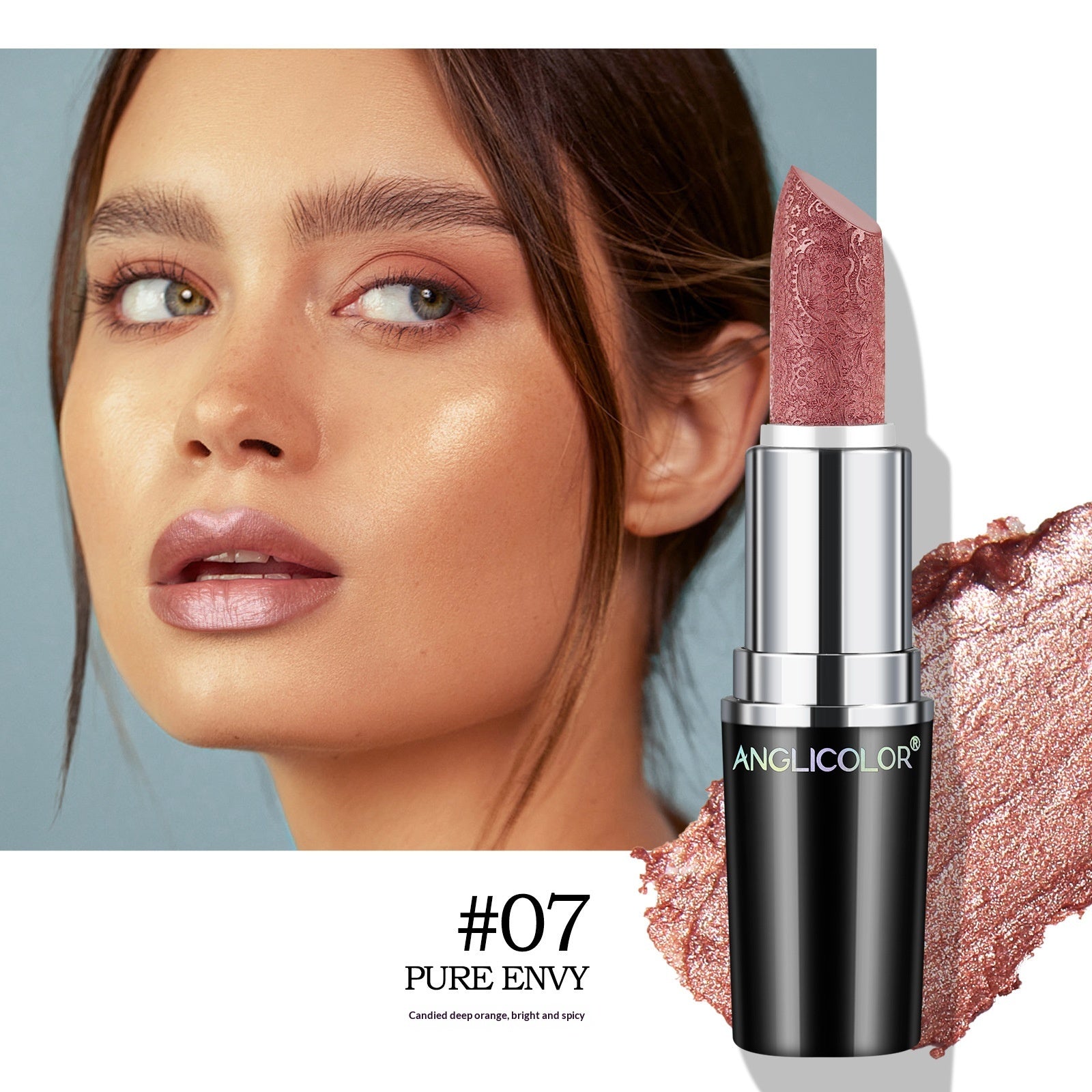 Pearly finish lipstick by Dropshipman in a sleek tube, showcasing glossy, non-fading, waterproof lipstick with a smooth application.