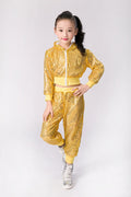 Children's two-piece sequin performance outfit for girls, featuring shiny details and comfortable fit, perfect for dance stage shows.