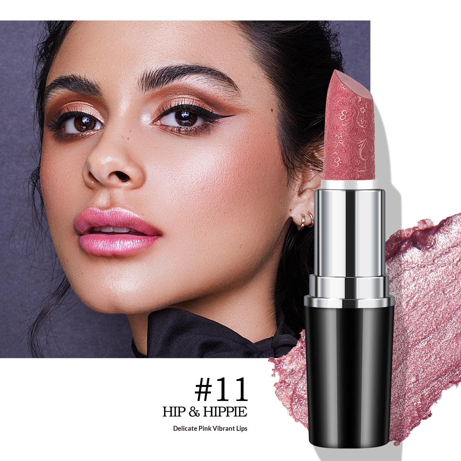 Pearly finish lipstick by Dropshipman, showcasing smooth, glossy lips with a non-fading, waterproof, non-stick lipstick application.