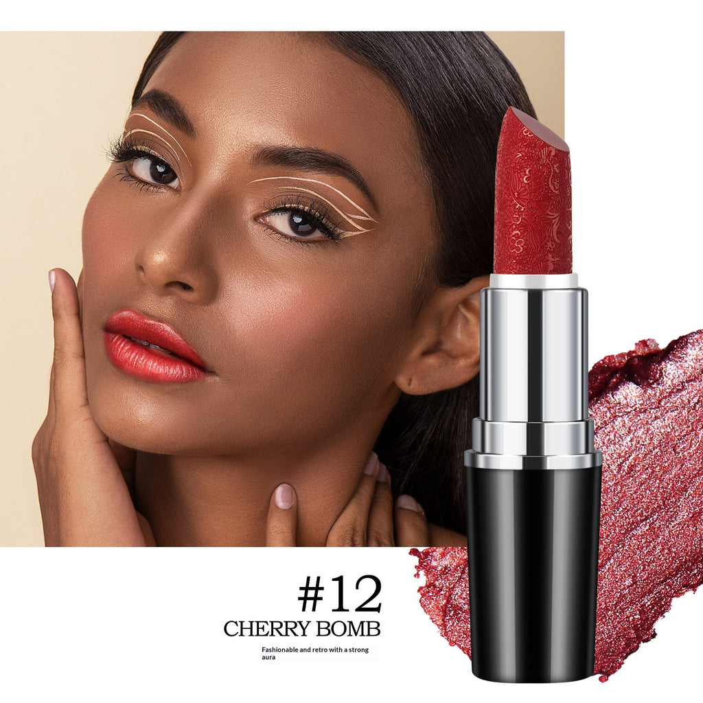 Dropshipman Pearly Finish Lipstick showing a sleek tube and swatch of the non-fading, waterproof lipstick with a shiny, pearly finish.