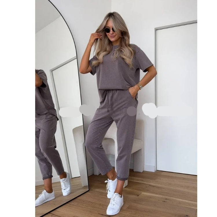 Dropshipman women's solid-color casual sweatshirt set featuring a relaxed fit and comfortable fabric, perfect for everyday wear.