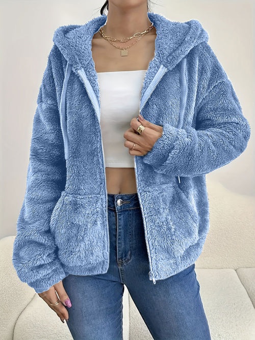 Casual cozy loose-fitting hoodie by Dropshipman with a hood, zipper, and plush pockets, perfect for comfortable casual wear.