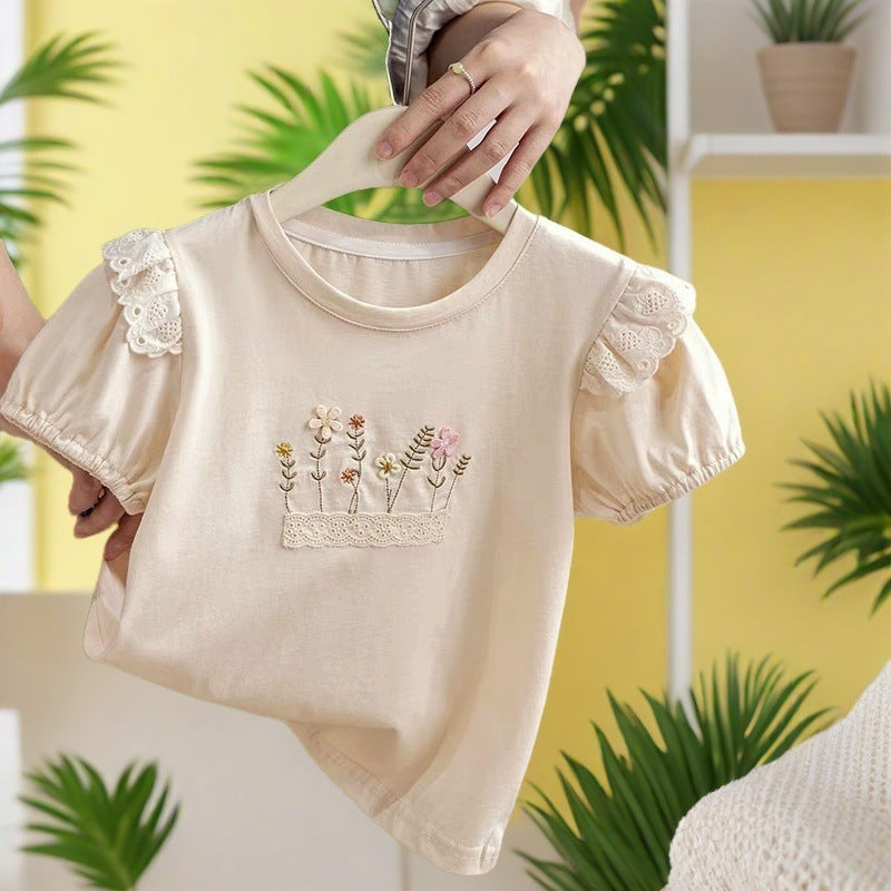 Girls' Pure Cotton Embroidery Loose Ruffled Top