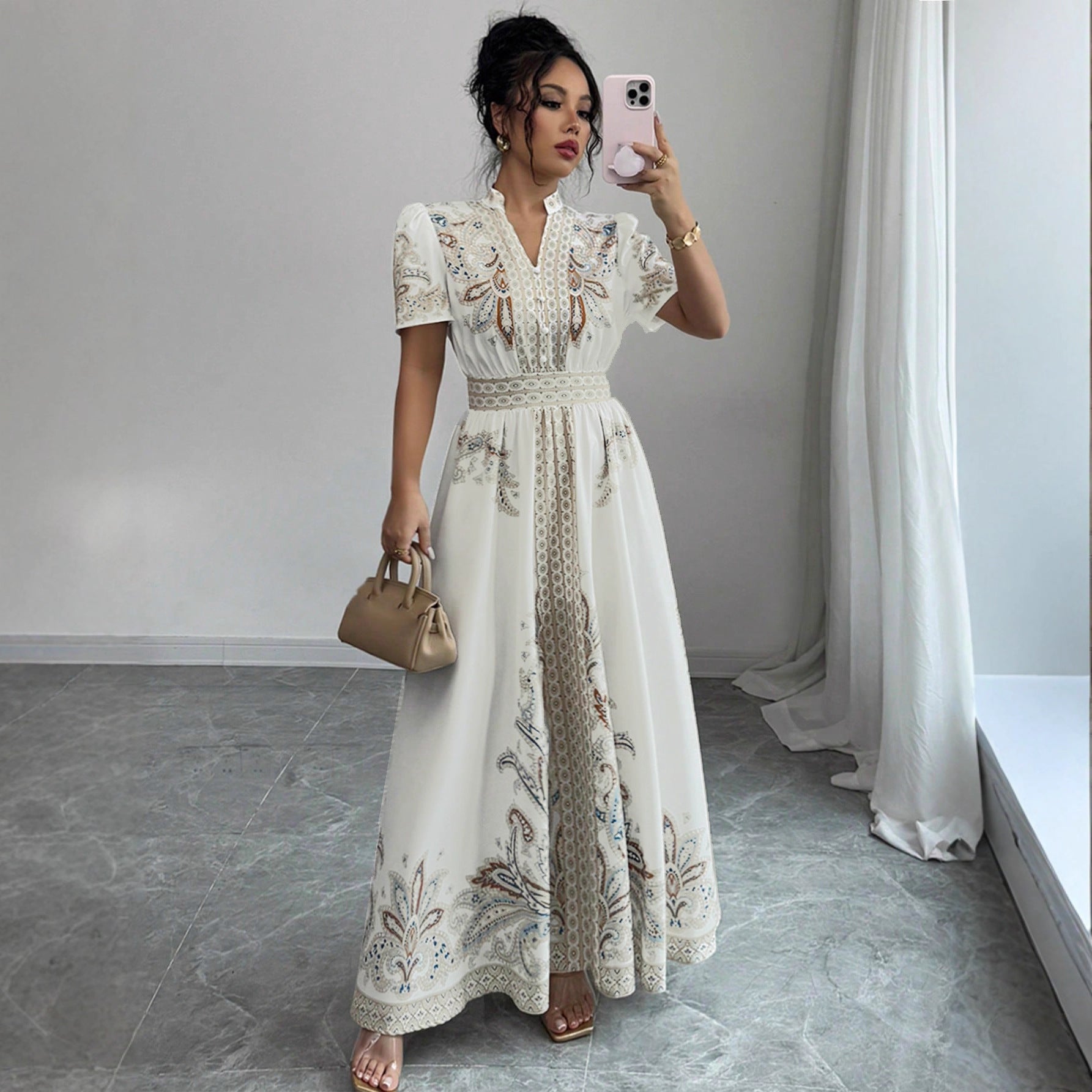 new-arrival Women's Spring Paisley-patterned, High-waisted, Stand-collar Lace-trimmed, Draping Maxi Dress
