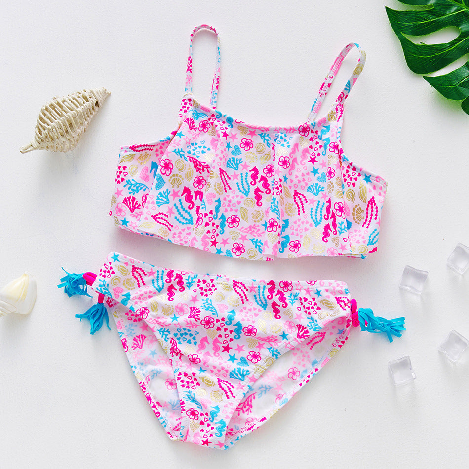 Gold-foil nylon two-piece swimwear for older children, featuring a stylish design and comfortable fit, by Dropshipman.