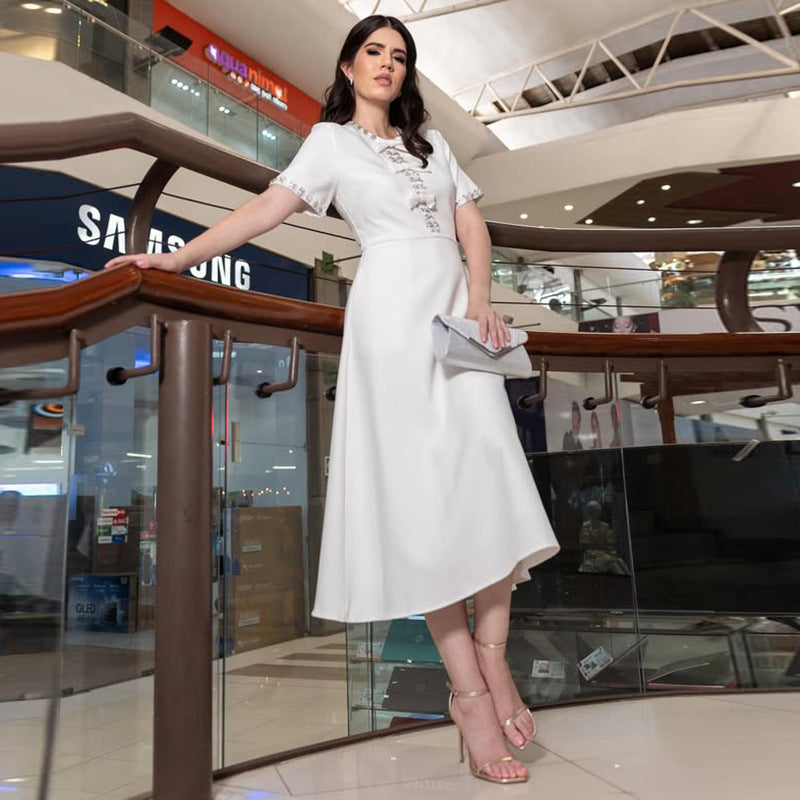 new-arrival New Stylish Long Dress With A Round Neckline Bow Detail And Patchwork Design