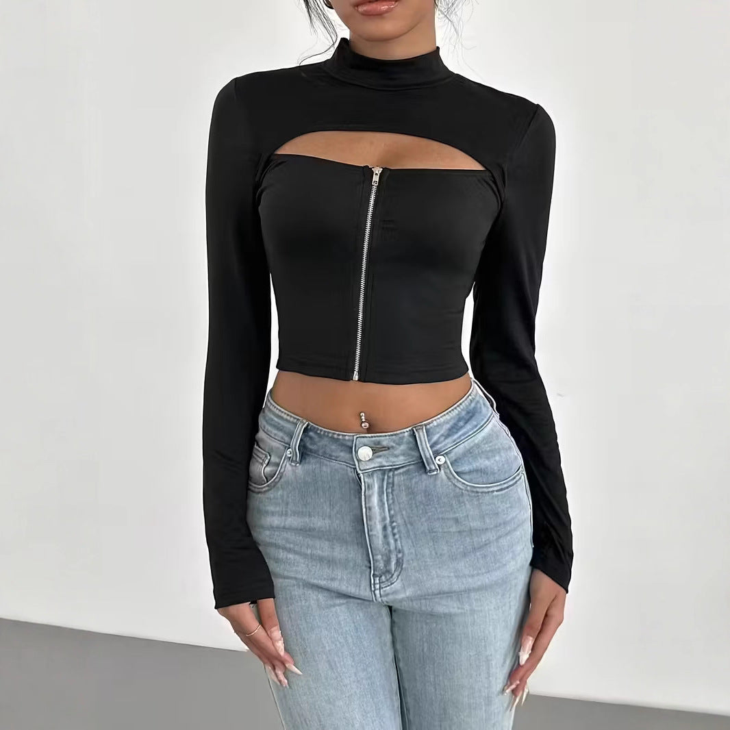 Elegant High-neck Zip-up Long-sleeve Stretch Top