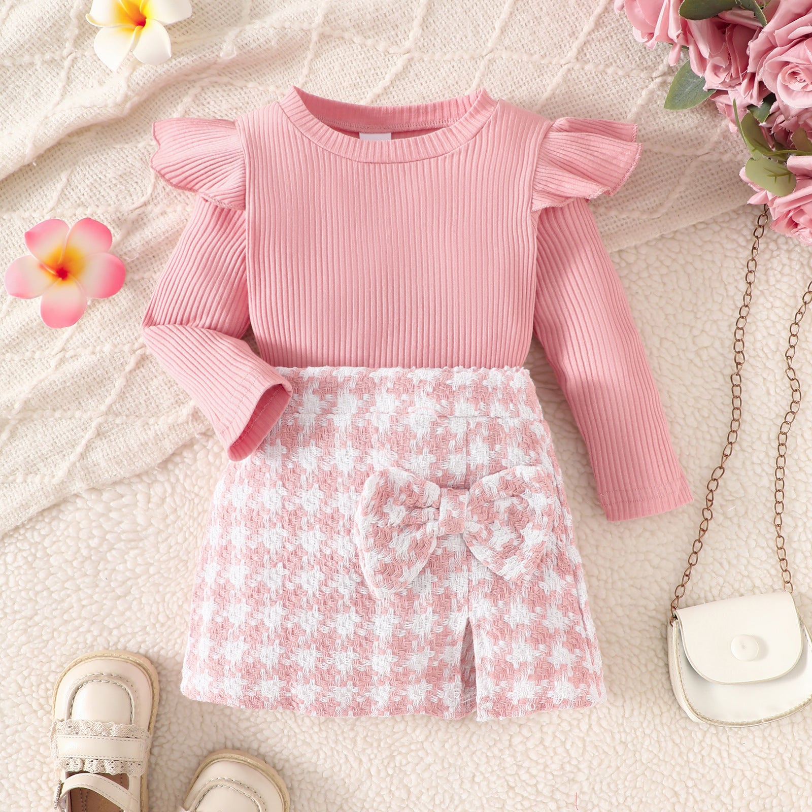 new-arival Children Girl's Long-sleeved Top With Plaid Bow Short Skirt Set