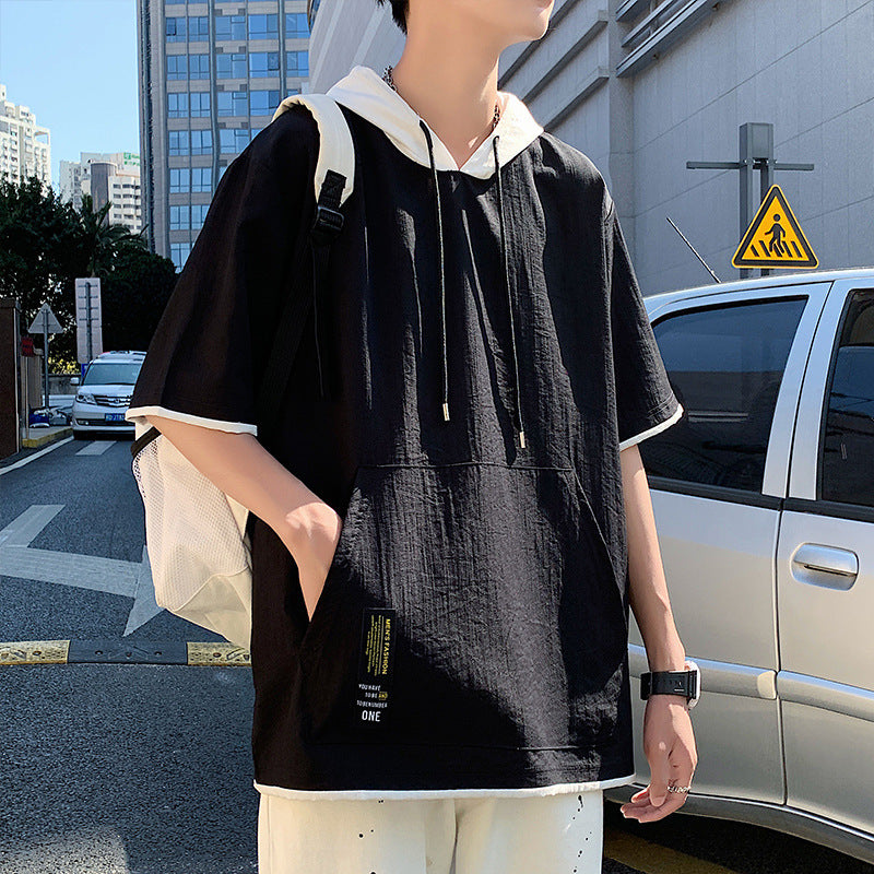 Men's loose-fitting casual mock two-piece short-sleeve shirt set by Dropshipman, shown in a relaxed, comfortable style.