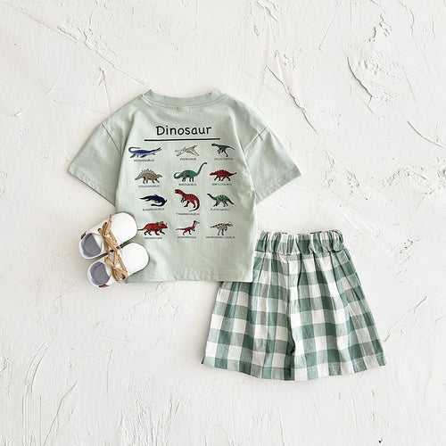 Children's cotton summer T-shirt set with colorful dinosaur print, lightweight and breathable for kids by Dropshipman.