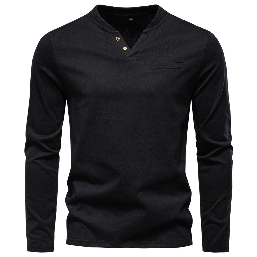 Men's V neck slim fit base layer shirt by Dropshipman, showing the close-up of the black V neck shirt on a plain background.