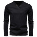 Men's V neck slim fit base layer shirt by Dropshipman, showing the close-up of the black V neck shirt on a plain background.
