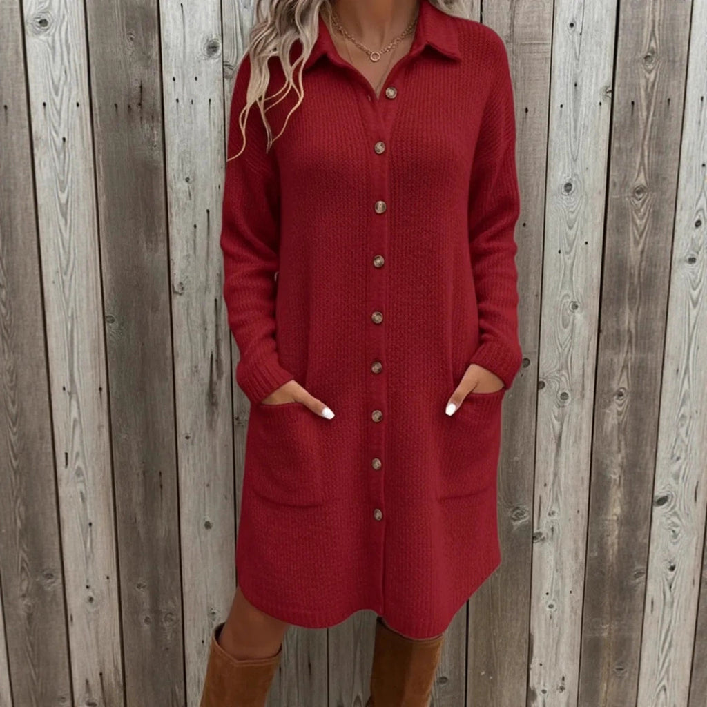 Solid color knitted button-down long sleeve cardigan sweater dress with pocket, by Dropshipman, styled on a model.