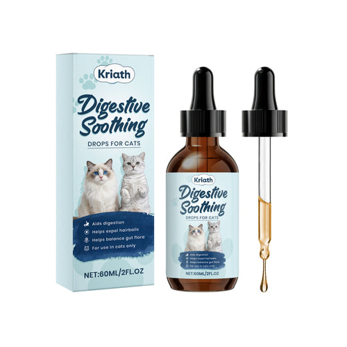 Dropshipman digestive and soothing drops for cats, showing a clear bottle with dropper and cat-themed packaging.